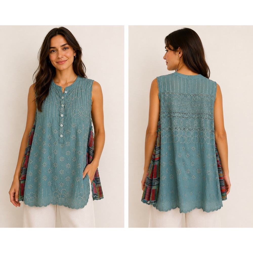 Johnny Was Blue Embroidered Sleeveless Tunic Top Cupra Rayon Scalloped Hem S